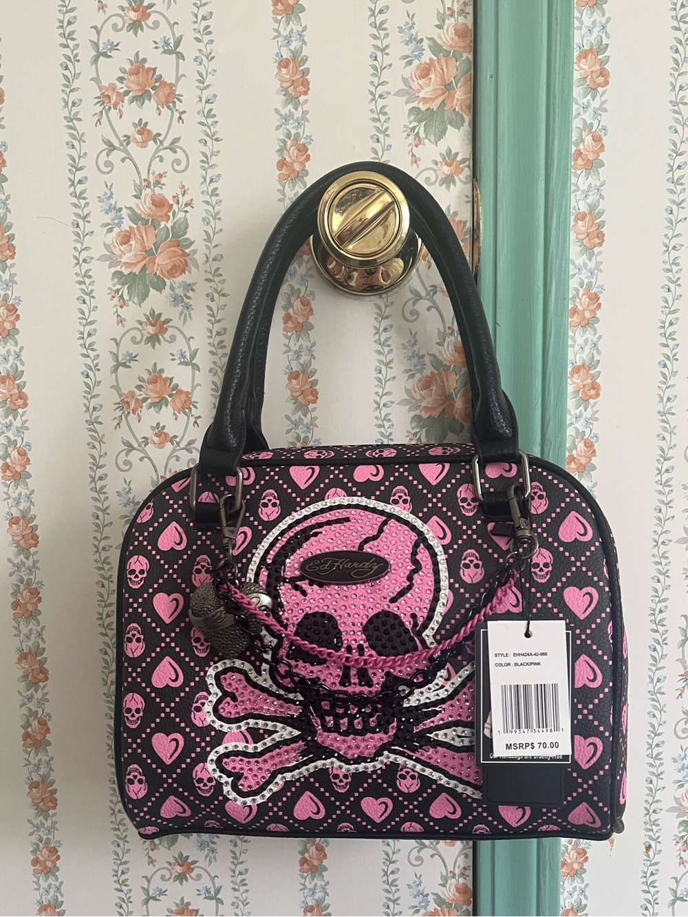 NWT Ed Hardy Black and Pink Skull Satchel